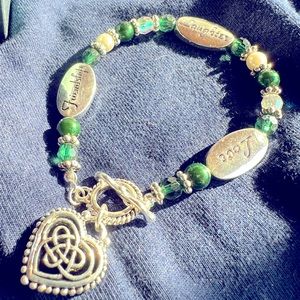 Woman’s Celtic Knot bracelet. Silver with Green Beads Toggle closure